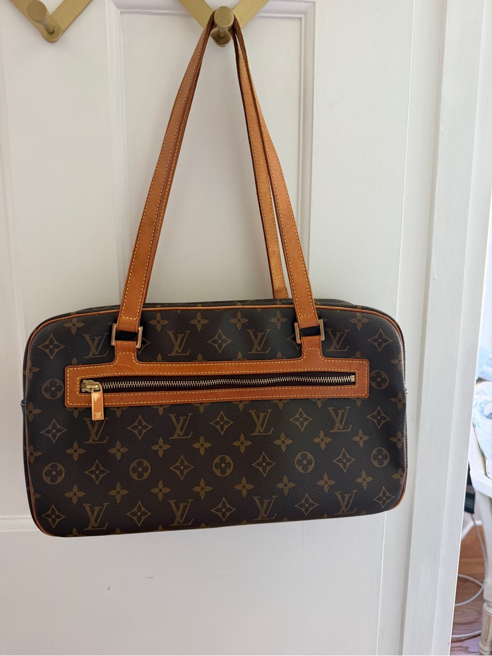 Louis Vuitton Monogram Canvas Shoulder Bag with Tan Leather Trim